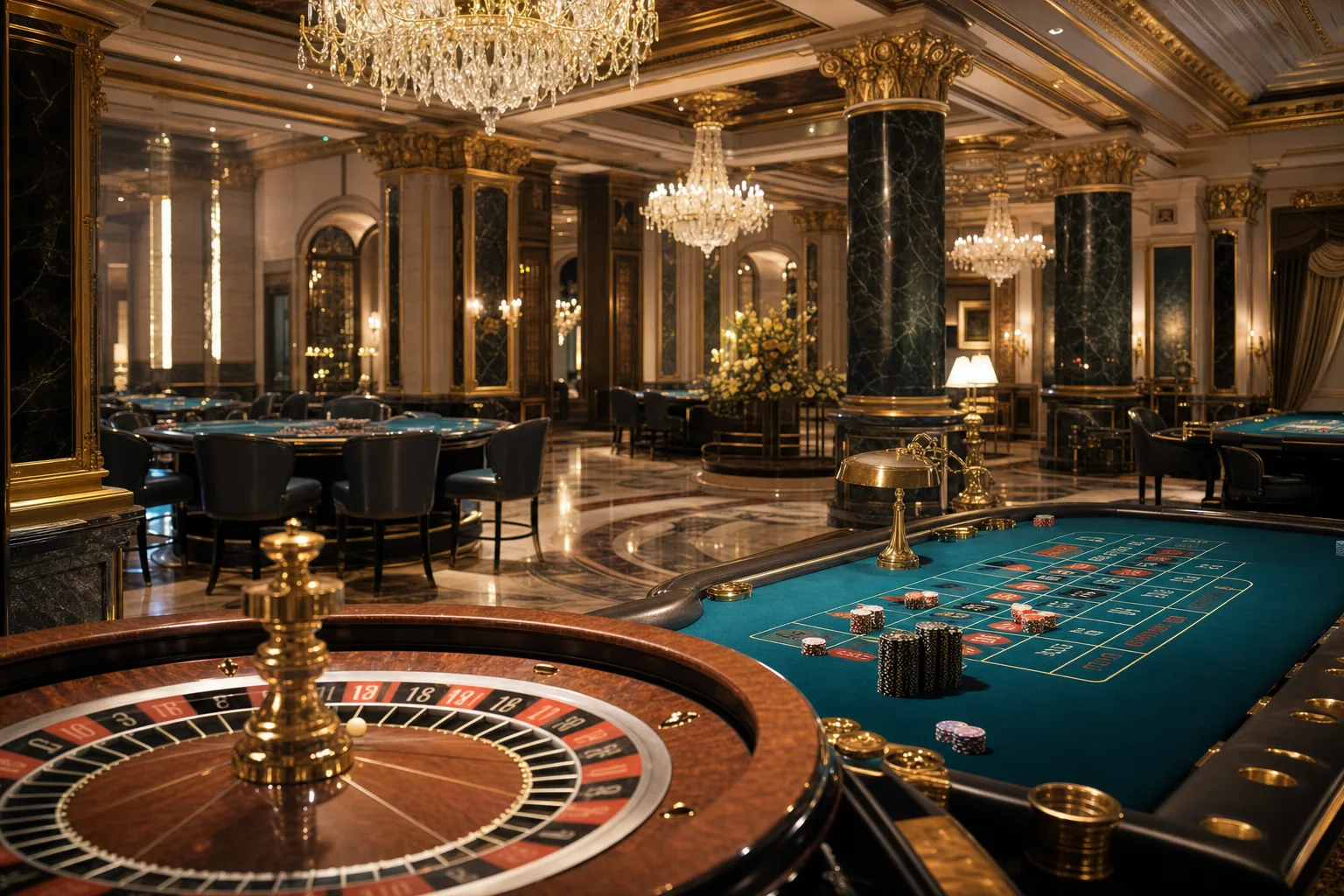 Opulent Besys casino gaming floor with roulette tables